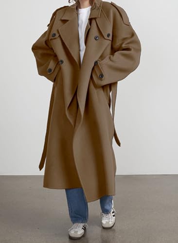 Women's Winter Double Breasted Wool Coat Long Sleeve Notch Lapel Midi Long Winter Trench Coat with Belt