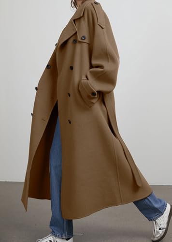 Women's Winter Double Breasted Wool Coat Long Sleeve Notch Lapel Midi Long Winter Trench Coat with Belt
