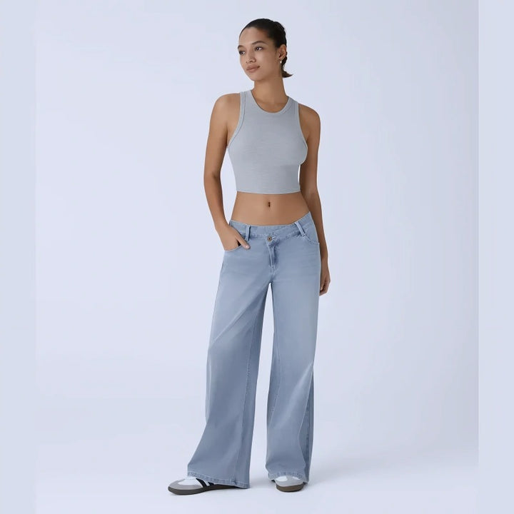 Valore  Flex Asymmetric Low Rise Zipper Pockets Baggy Wide Leg Washed Casual Jeans