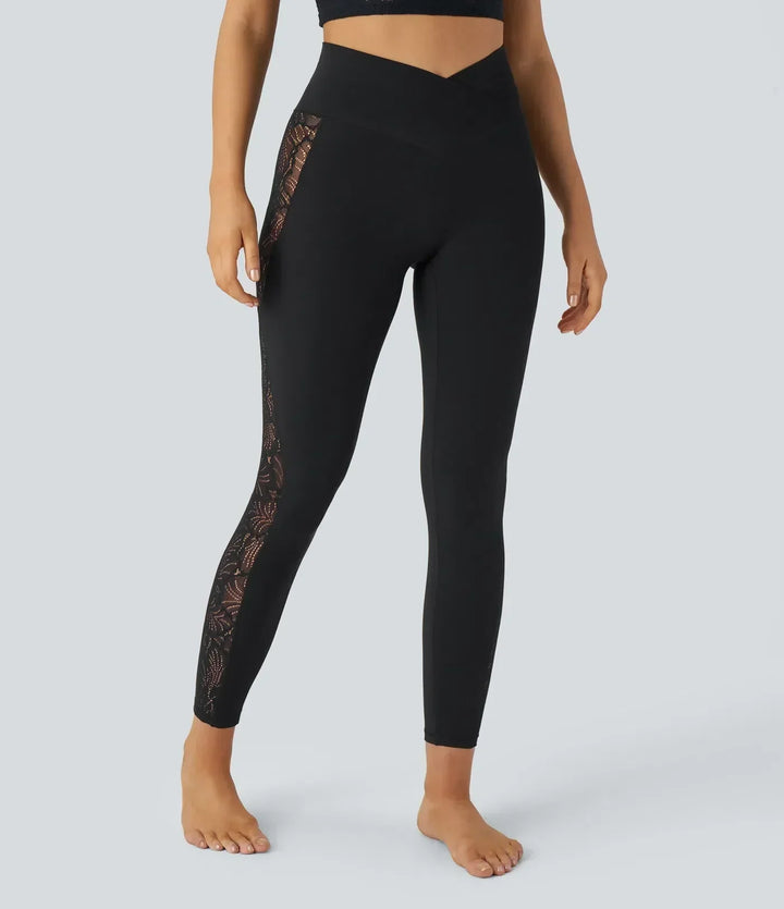 Valore™ High Waisted Crossover Contrast Lace Pocket Yoga Leggings-UPF50+