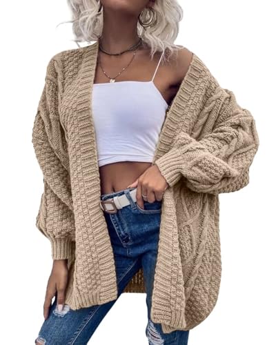 Women’s Oversized Chunky Cable Knit Cardigan – Open Front Lantern Sleeve Fall Outerwear