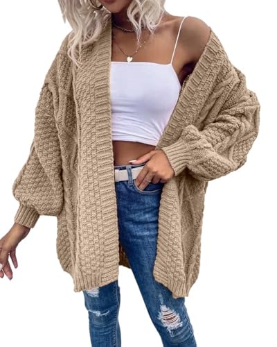 Women’s Oversized Chunky Cable Knit Cardigan – Open Front Lantern Sleeve Fall Outerwear