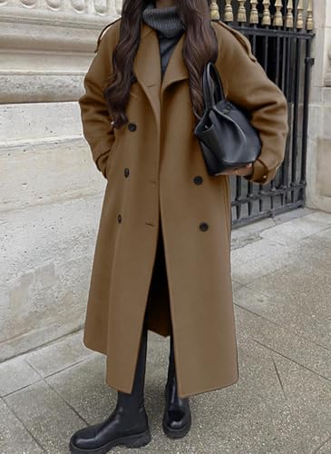 Women's Winter Double Breasted Wool Coat Long Sleeve Notch Lapel Midi Long Winter Trench Coat with Belt