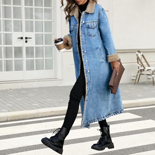 Loose Fit Long Fleece Lined Denim Jacket Warm Casual Distressed Denim Trench Coat Button Fashion Outerwear