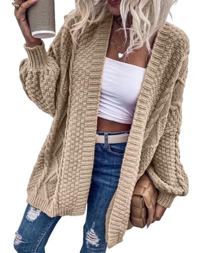 Women’s Oversized Chunky Cable Knit Cardigan – Open Front Lantern Sleeve Fall Outerwear