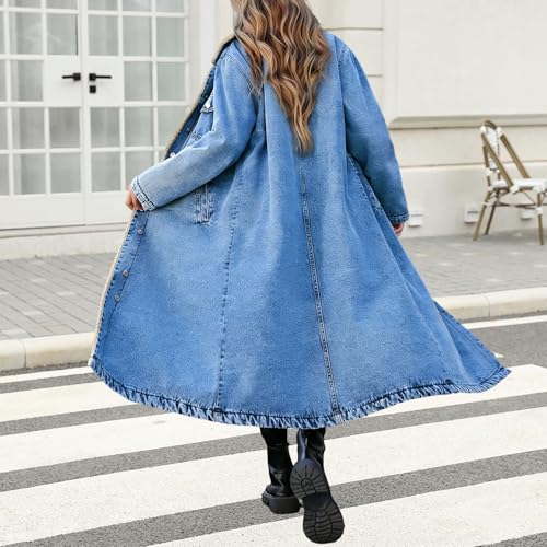 Loose Fit Long Fleece Lined Denim Jacket Warm Casual Distressed Denim Trench Coat Button Fashion Outerwear