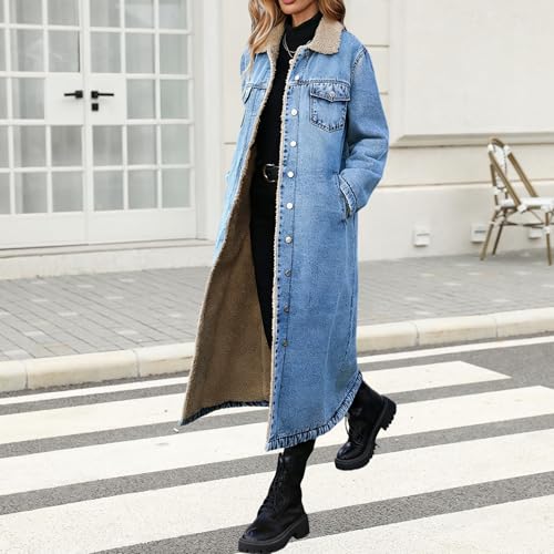 Loose Fit Long Fleece Lined Denim Jacket Warm Casual Distressed Denim Trench Coat Button Fashion Outerwear