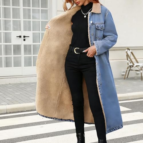 Loose Fit Long Fleece Lined Denim Jacket Warm Casual Distressed Denim Trench Coat Button Fashion Outerwear