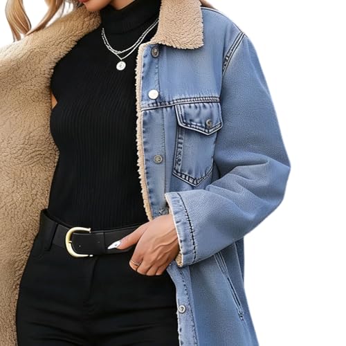 Loose Fit Long Fleece Lined Denim Jacket Warm Casual Distressed Denim Trench Coat Button Fashion Outerwear