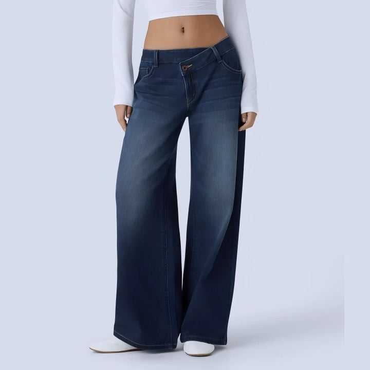 Valore  Flex Asymmetric Low Rise Zipper Pockets Baggy Wide Leg Washed Casual Jeans