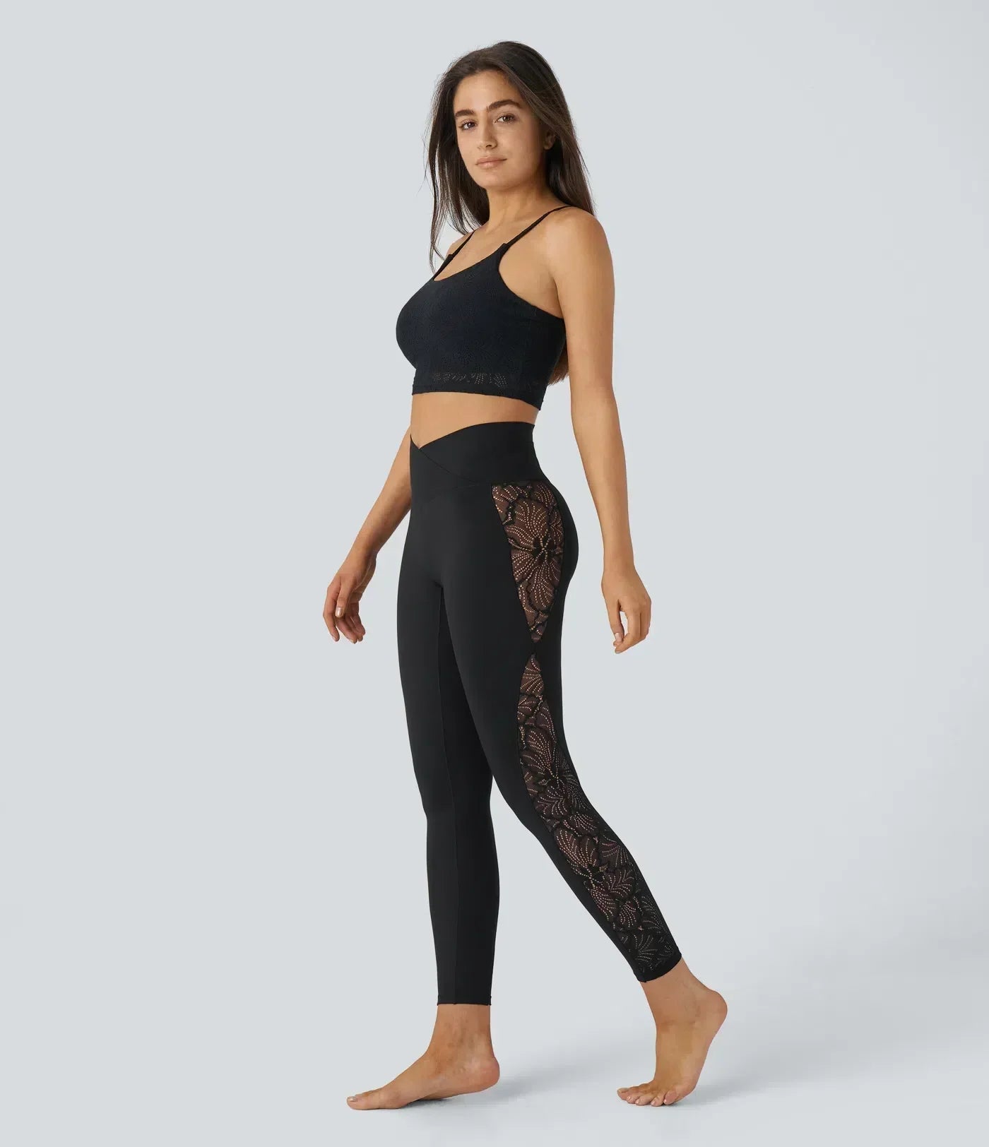 Valore™ High Waisted Crossover Contrast Lace Pocket Yoga Leggings-UPF50+