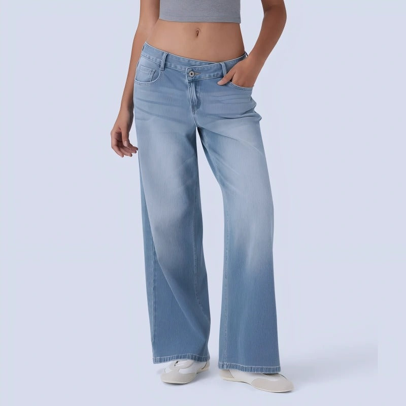 Valore  Flex Asymmetric Low Rise Zipper Pockets Baggy Wide Leg Washed Casual Jeans