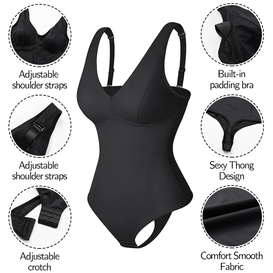 Deep V Thong Shapewear Bodysuit with Built-in Bra