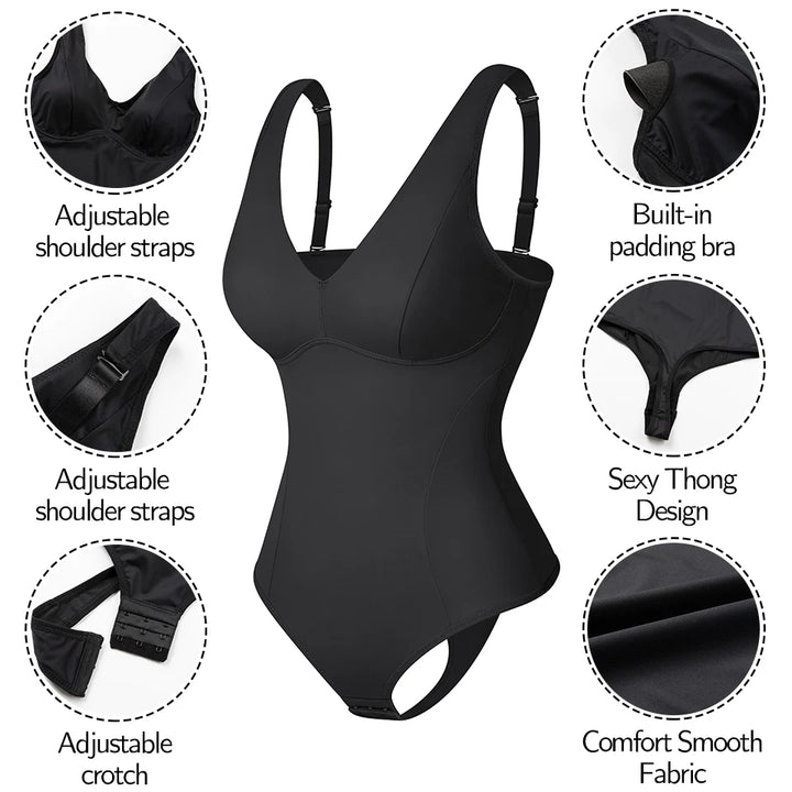 Deep V Thong Shapewear Bodysuit with Built-in Bra