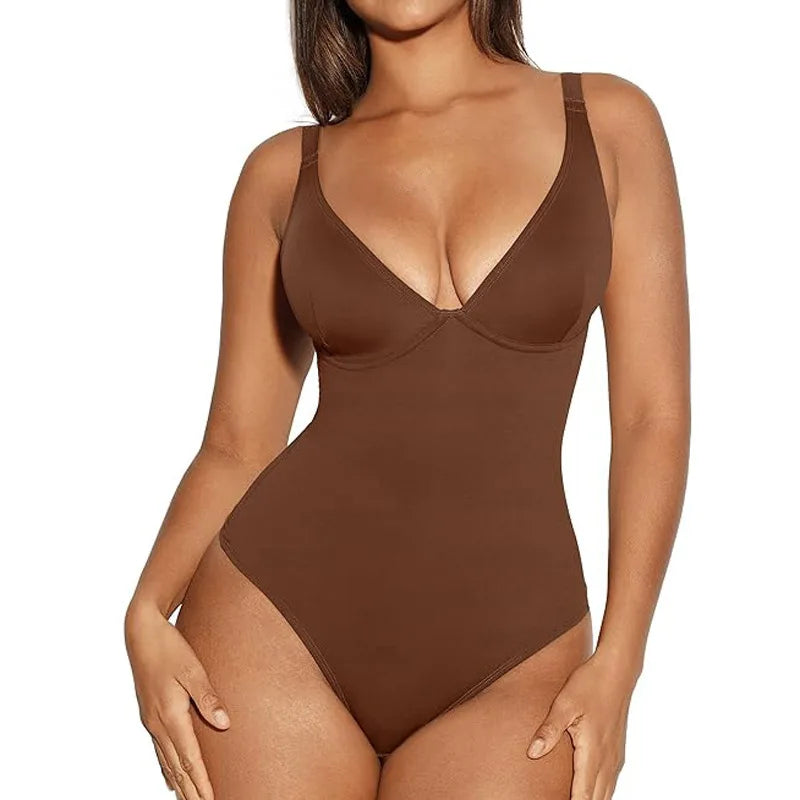 V-Neck Tummy Control Shapewear Bodysuit with Built-in Bra