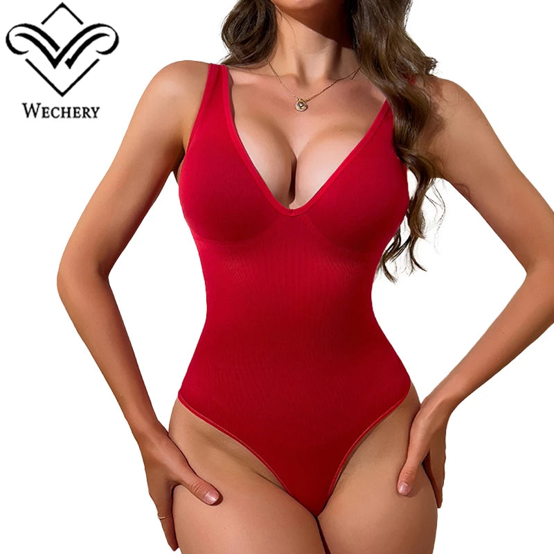 Deep V Halter Shapewear Bodysuit with Tummy Control