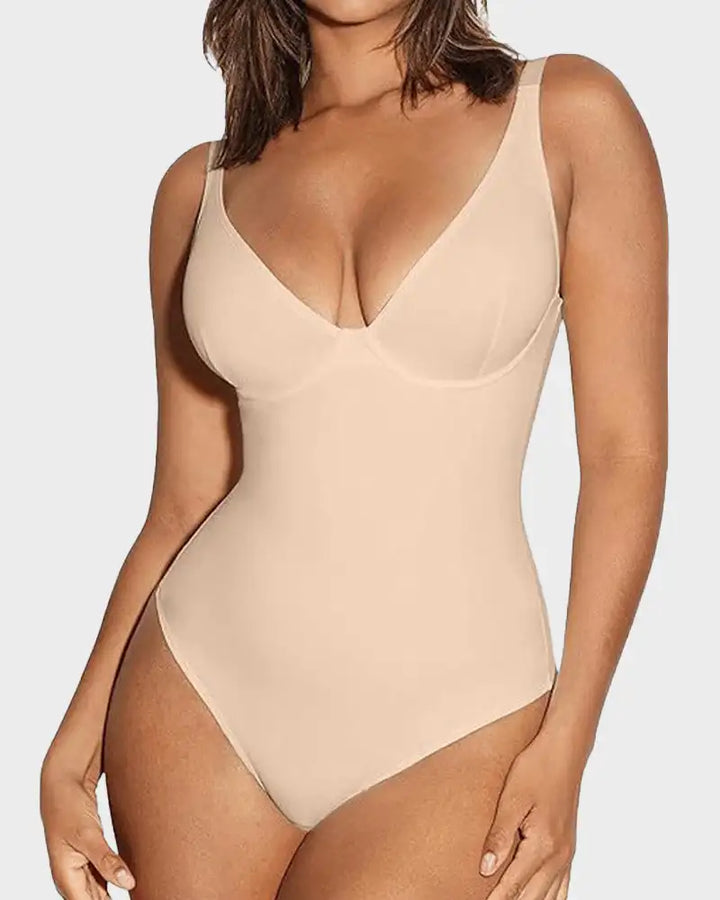 V-Neck Tummy Control Shapewear Bodysuit with Built-in Bra