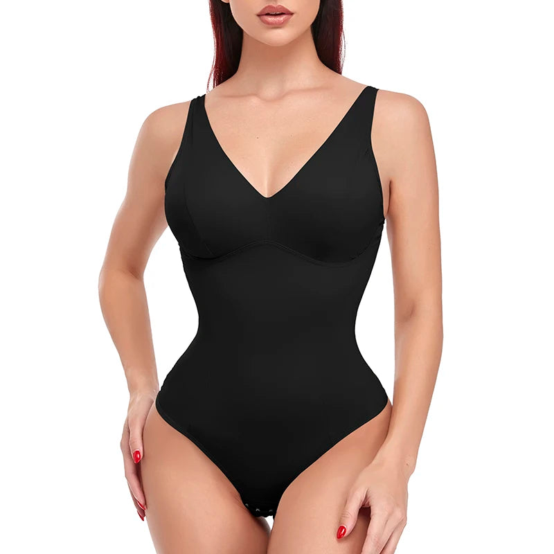Deep V Thong Shapewear Bodysuit with Built-in Bra