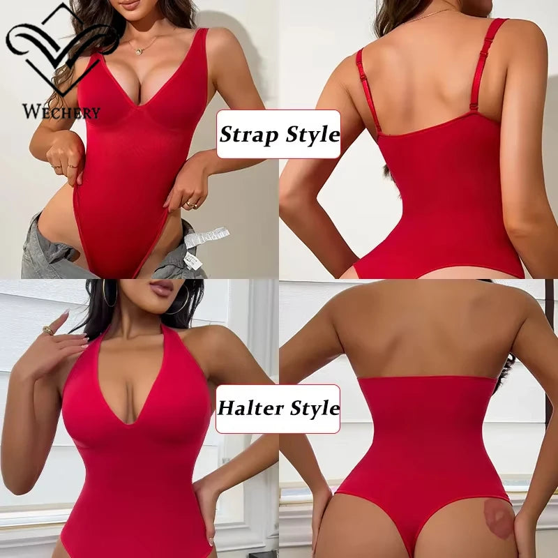 Deep V Halter Shapewear Bodysuit with Tummy Control
