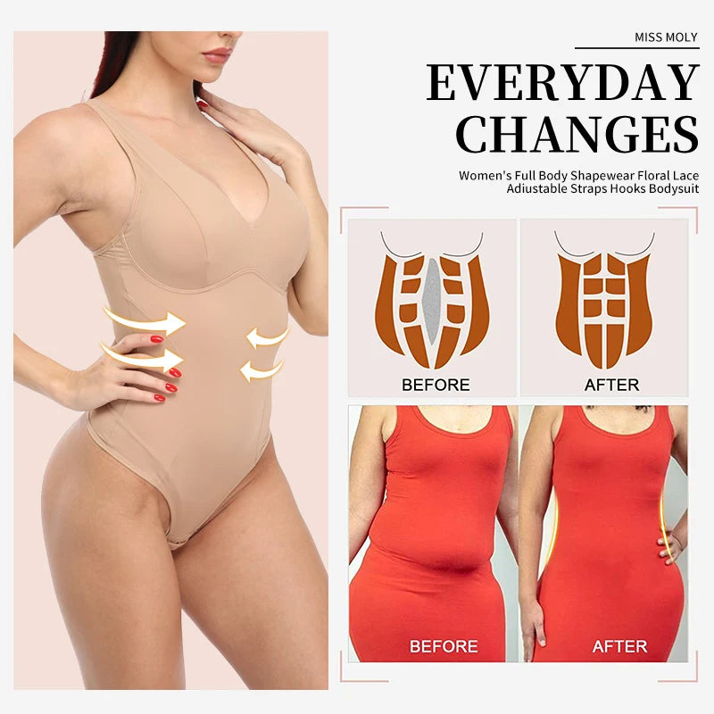 Deep V Thong Shapewear Bodysuit with Built-in Bra