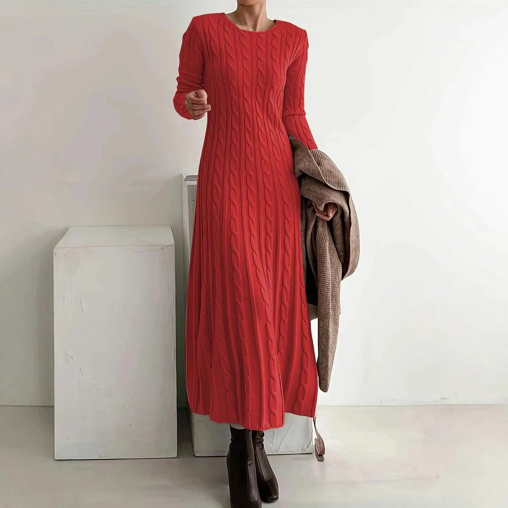 Valore-2026 Autumn Winter Round Neck Fitted Cable Knit Sweater Maxi Dress