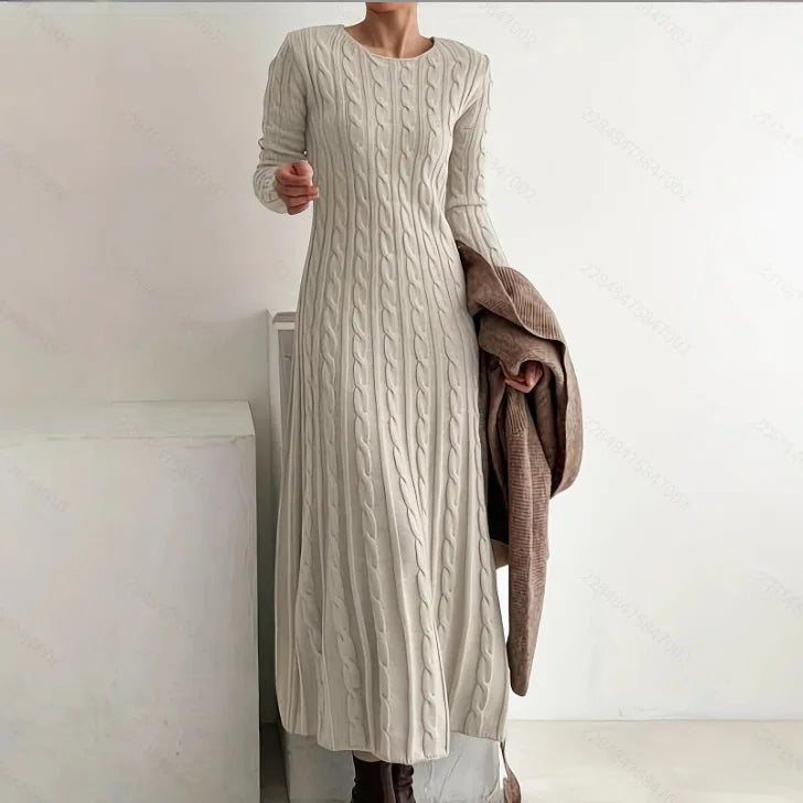Valore-2026 Autumn Winter Round Neck Fitted Cable Knit Sweater Maxi Dress