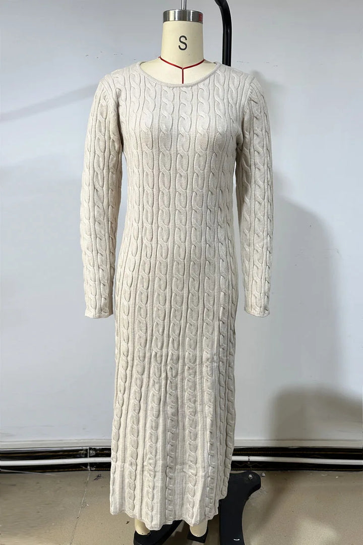 Valore-2026 Autumn Winter Round Neck Fitted Cable Knit Sweater Maxi Dress
