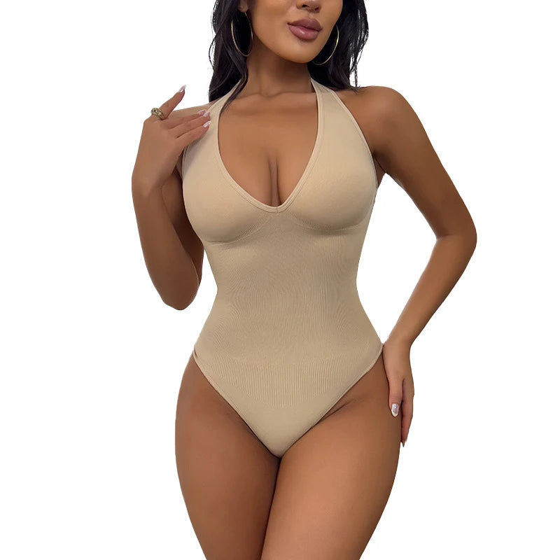 Deep V Halter Shapewear Bodysuit with Tummy Control