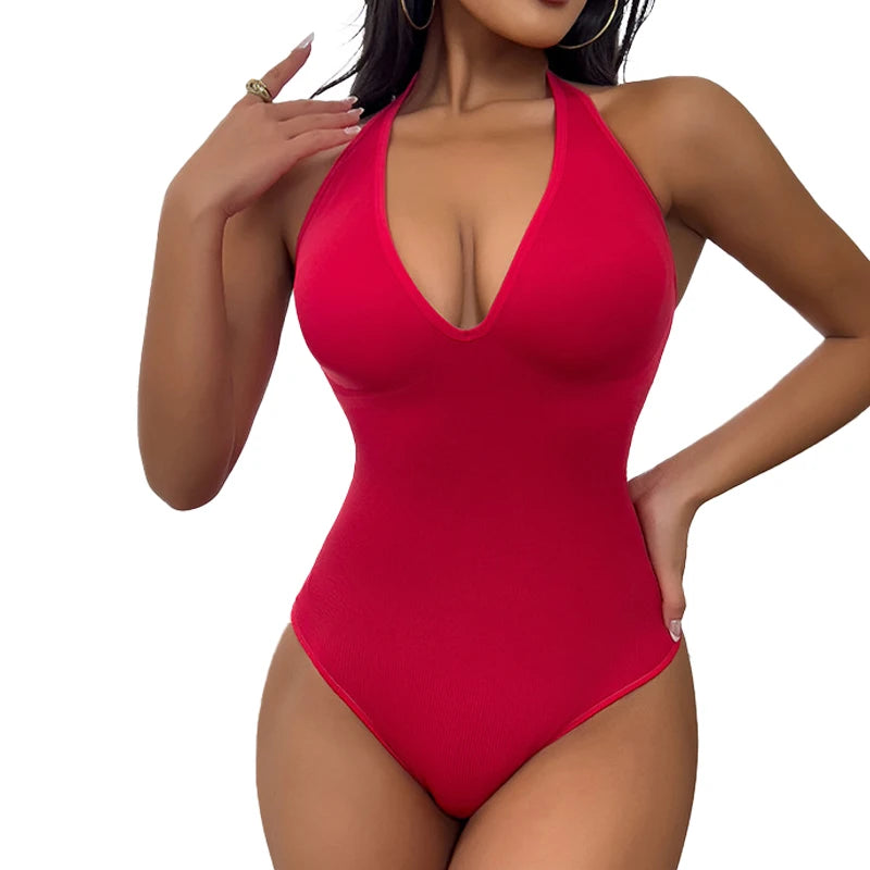 Deep V Halter Shapewear Bodysuit with Tummy Control