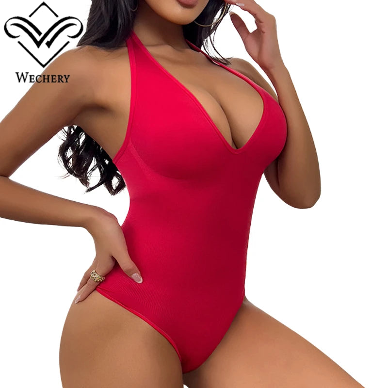 Deep V Halter Shapewear Bodysuit with Tummy Control