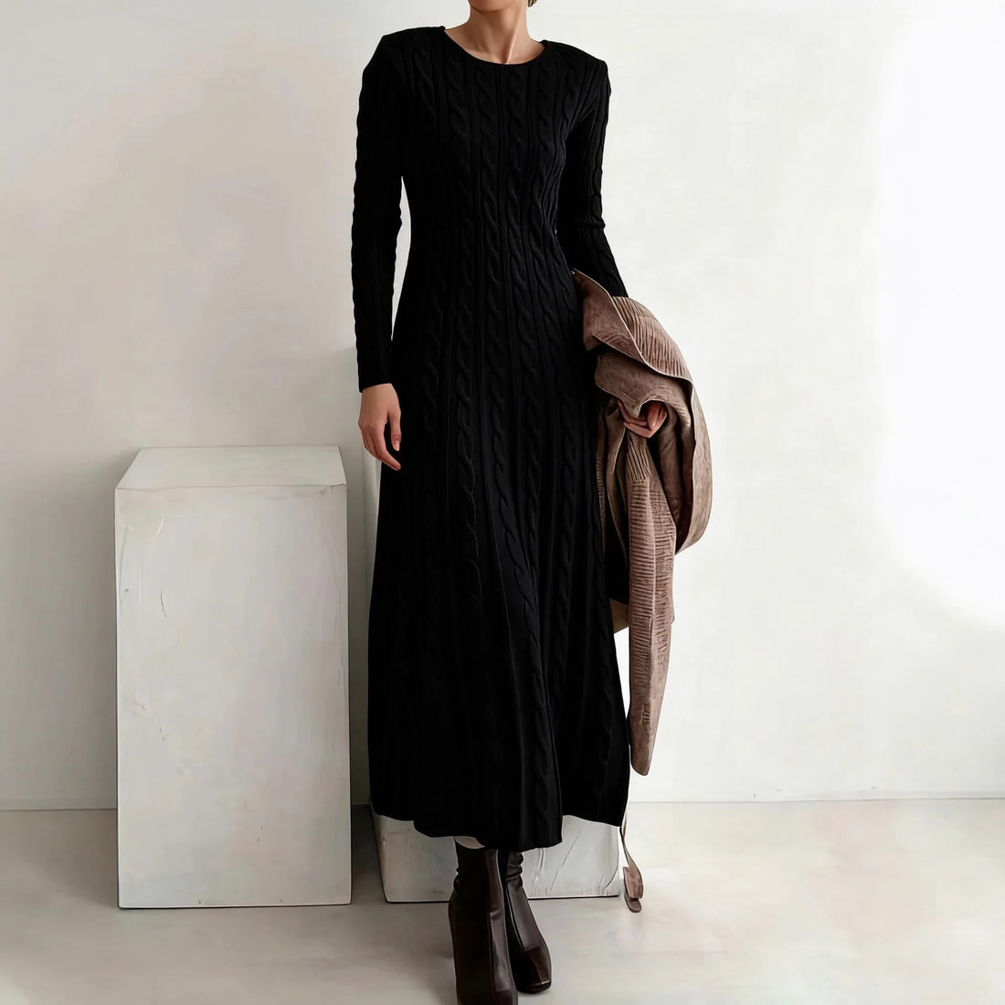Valore-2026 Autumn Winter Round Neck Fitted Cable Knit Sweater Maxi Dress