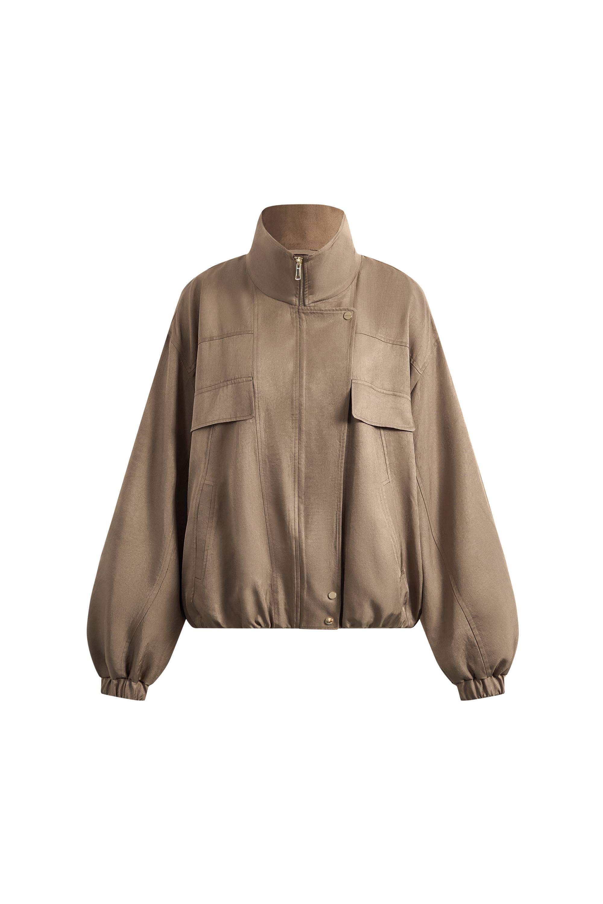 Womens taupe satin jacket with stand collar, zip front, flap pockets and bubble hem