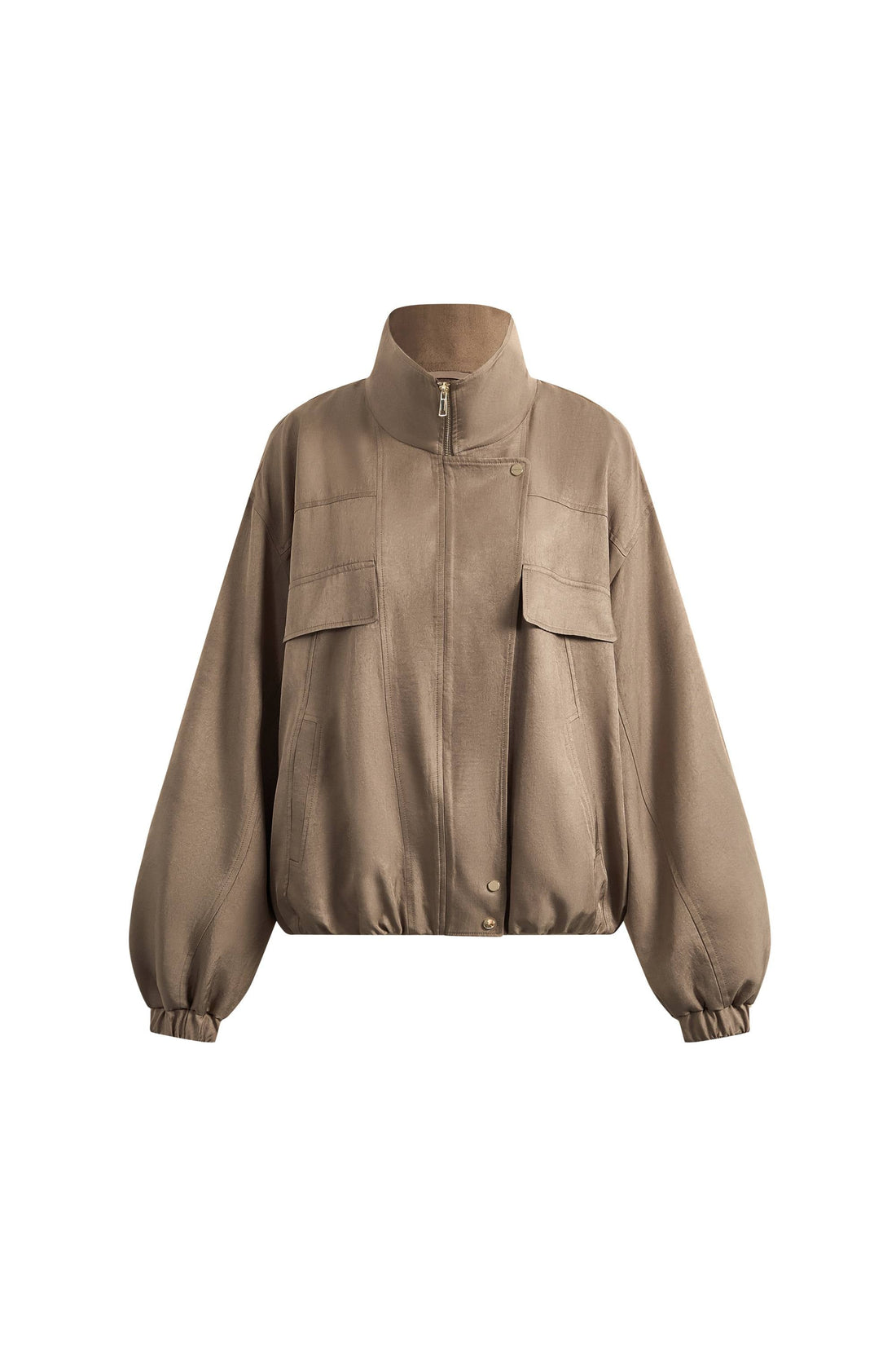 Womens taupe satin jacket with stand collar, zip front, flap pockets and bubble hem