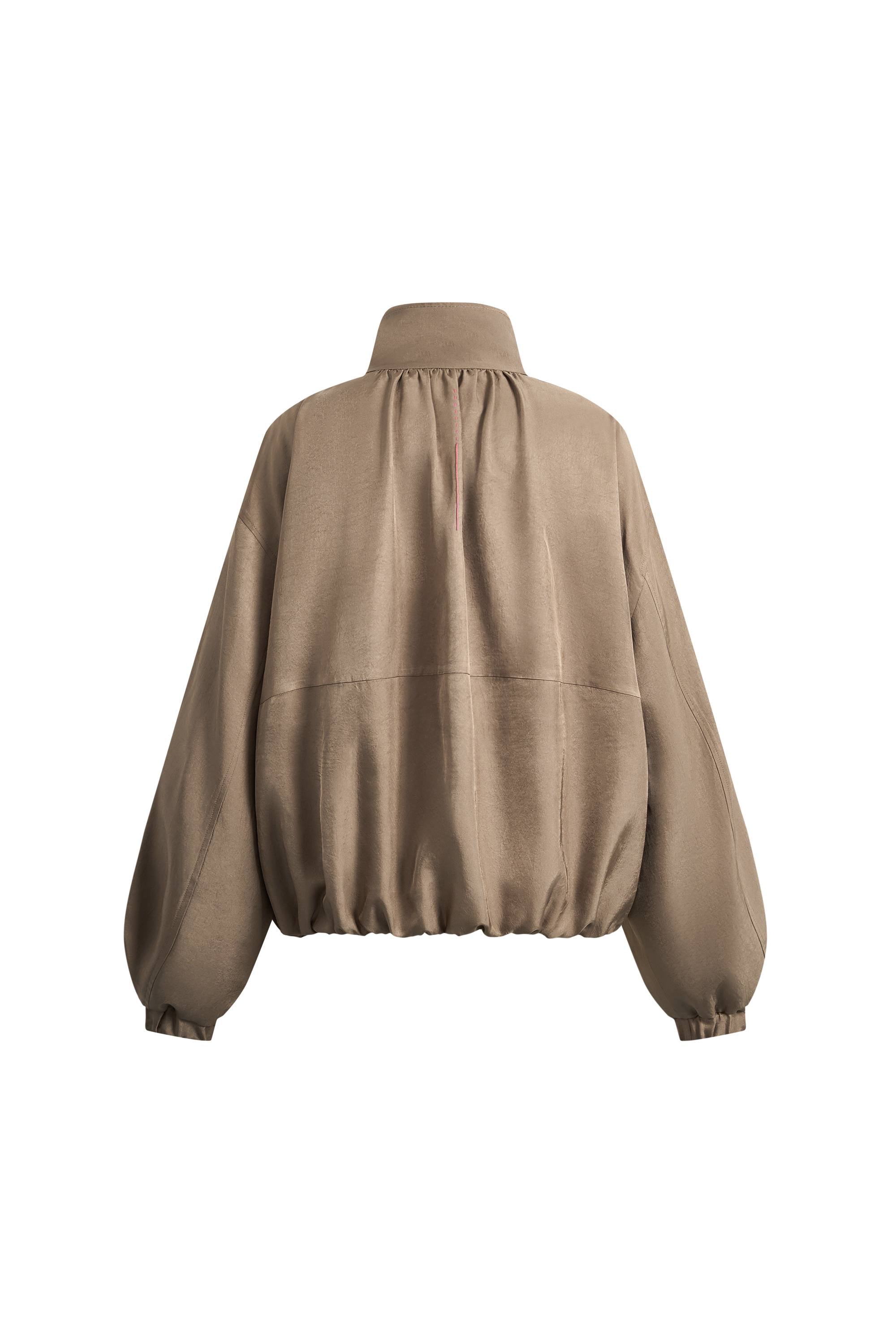 Back view of a taupe satin acetate jacket with stand collar, gathered bubble hem and voluminous sleeves