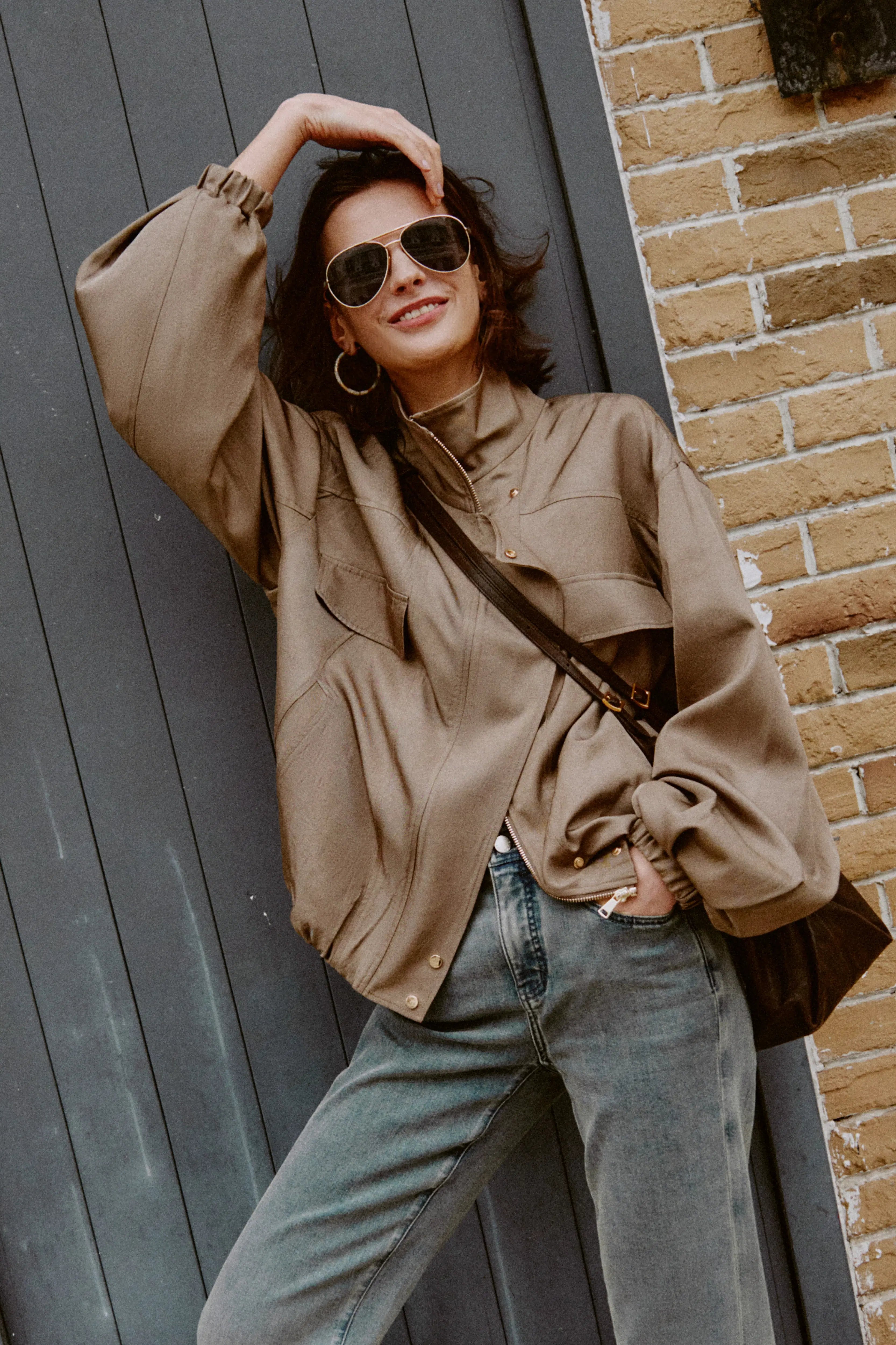 Taupe satin acetate jacket with stand collar, bubble hem and gold hardware