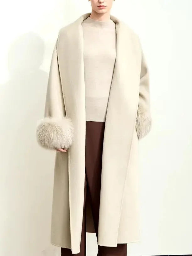 Belted Wrap Wool Coat with Detachable Fox Fur Cuffs in Beige - Coats