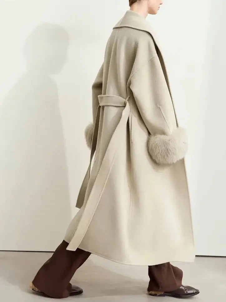 Belted Wrap Wool Coat with Detachable Fox Fur Cuffs in Beige - Coats