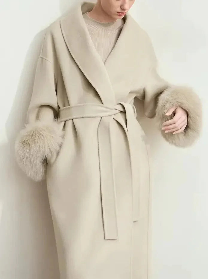 Belted Wrap Wool Coat with Detachable Fox Fur Cuffs in Beige - Coats
