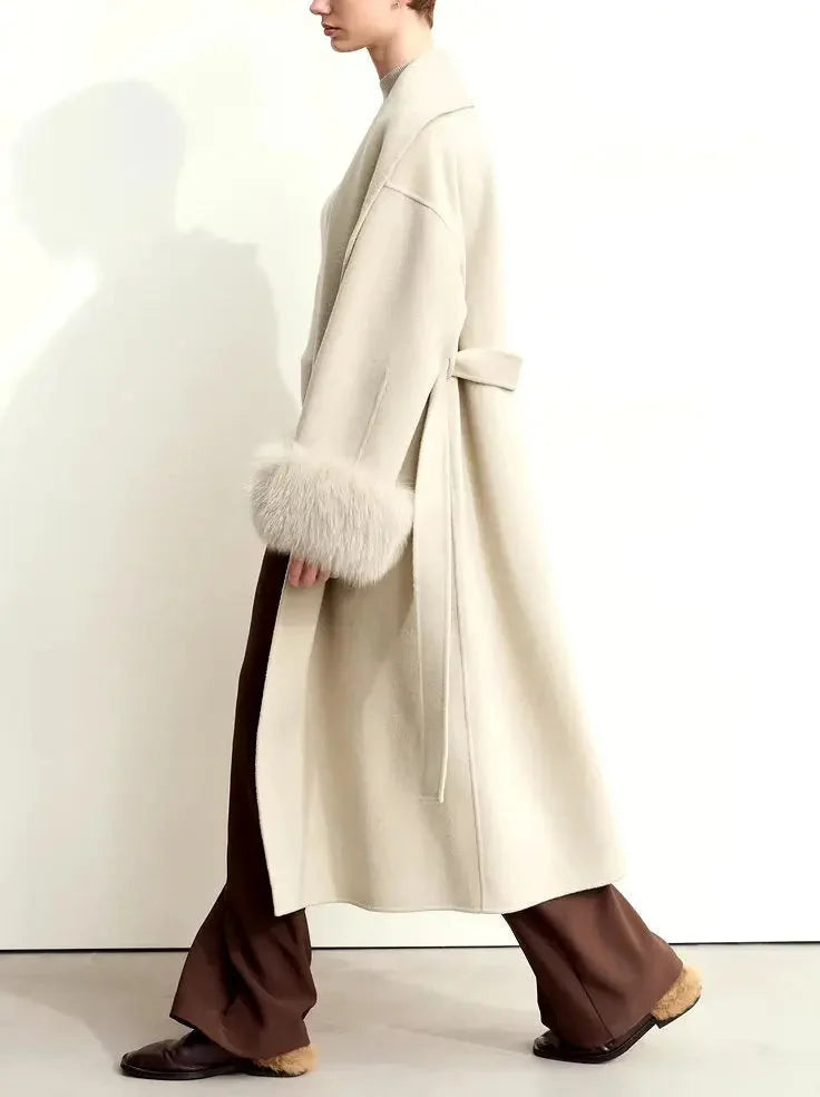 Belted Wrap Wool Coat with Detachable Fox Fur Cuffs in Beige - Coats