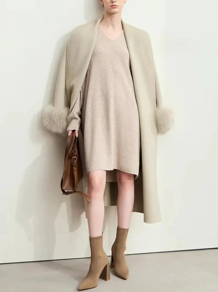 Belted Wrap Wool Coat with Detachable Fox Fur Cuffs in Beige - Coats