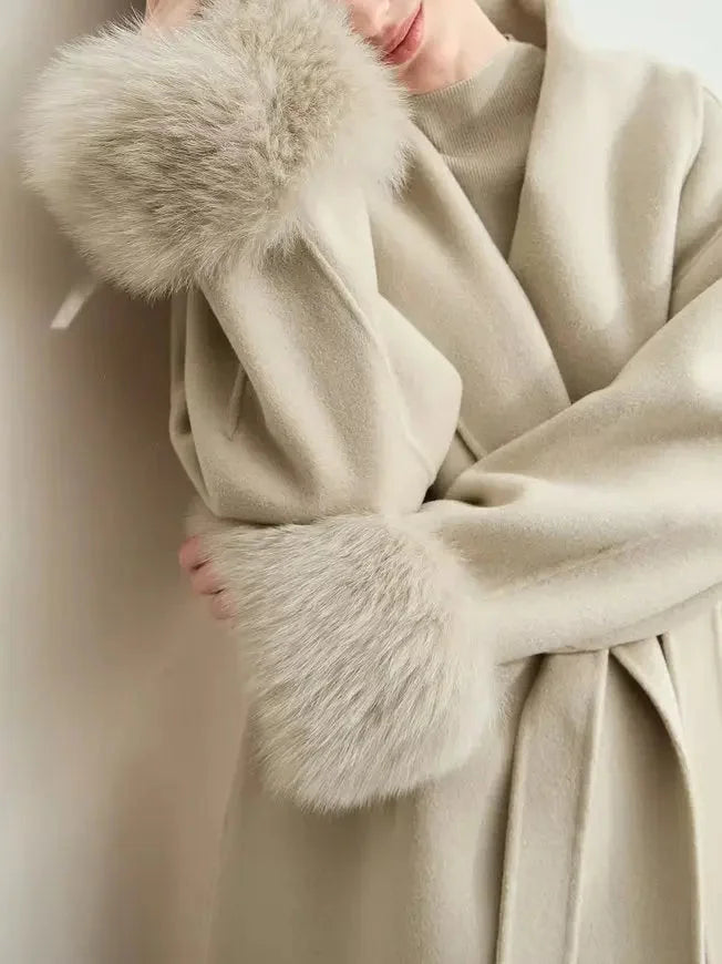 Belted Wrap Wool Coat with Detachable Fox Fur Cuffs in Beige - Coats
