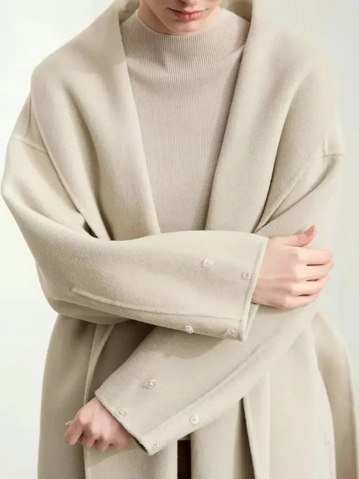 Belted Wrap Wool Coat with Detachable Fox Fur Cuffs in Beige - Coats